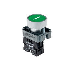 Кнопка плоская зеленая, маркировка "I", 1NO, металл