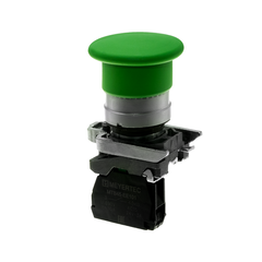 Кнопка грибовидная зеленая, 40 мм, пружиный возврат, 1NO, IP65, металл