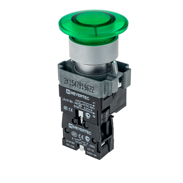 Кнопка грибовидная без фиксации, с подсветкой, 24V, 1NO, зеленый