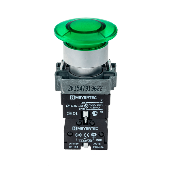 Кнопка грибовидная без фиксации, с подсветкой, 24V, 1NO, зеленый, изображение 2