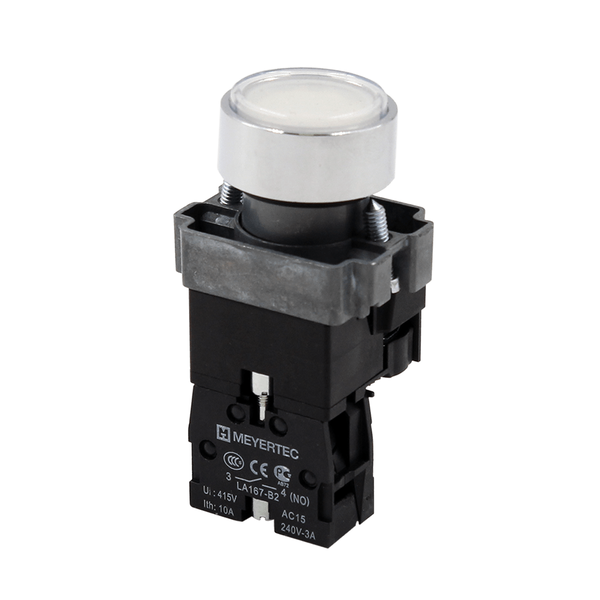 Кнопка плоская белая с подсветкой, 220V AC/DC, 1NO, IP67, металл