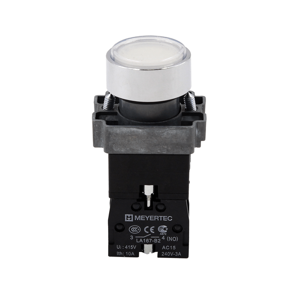 Кнопка плоская белая с подсветкой, 220V AC/DC, 1NO, IP67, металл, изображение 2