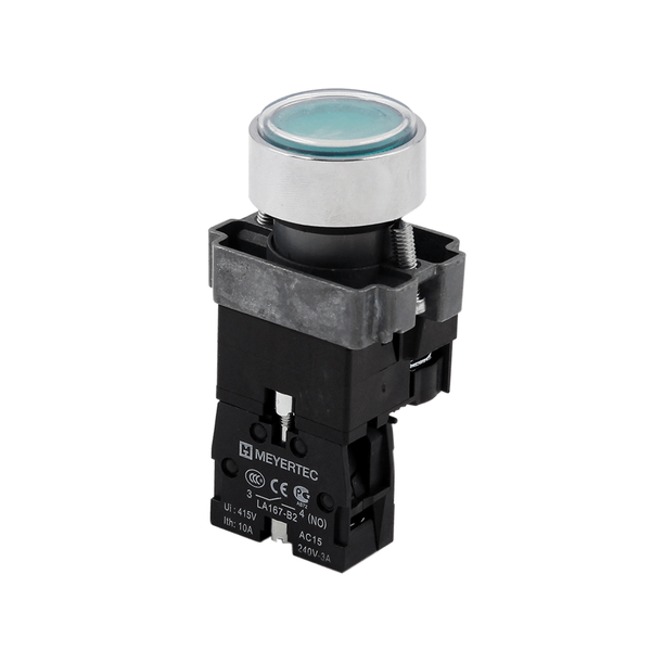 Кнопка  плоская зеленая с подсветкой, 220V AC/DC, 1NO, IP67, металл