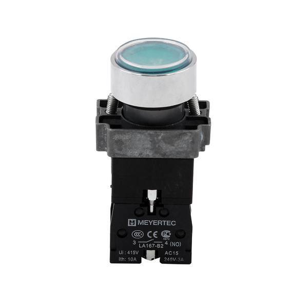 Кнопка  плоская зеленая с подсветкой, 220V AC/DC, 1NO, IP67, металл, изображение 2
