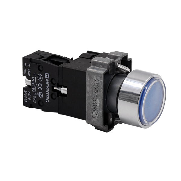 Кнопка плоская синяя с подсветкой, 220V AC/DC, 1NO, IP67, металл, изображение 3