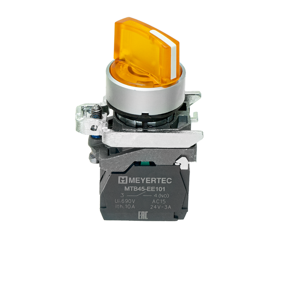 Переключатель  на 3 положения с фиксацией и подсветкой,  желтый, 1NO, 24V AC/DC, IP65, металл, изображение 2