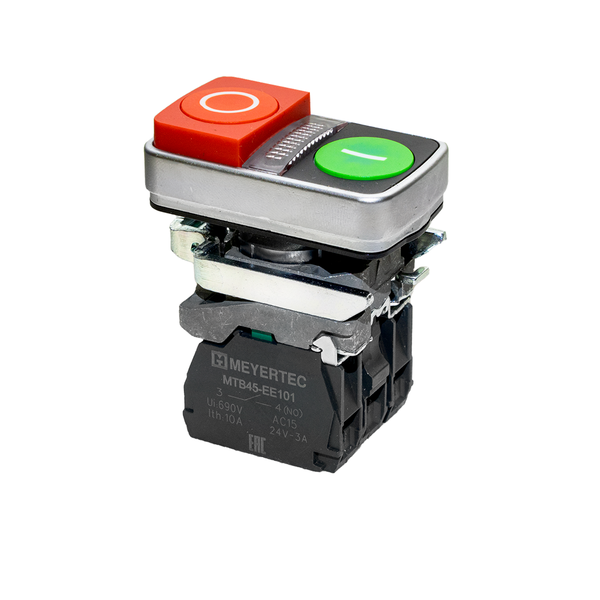 Кнопка двойная выступающая с подсветкой, красная/зеленая, маркировка "I+O", 1NO+1NC, 24V AC/DC, IP65, металл