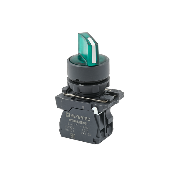 Переключатель  на 3 положения с фиксацией и подсветкой,  зеленый, 1NO, 220V AC/DC, IP65, пластик