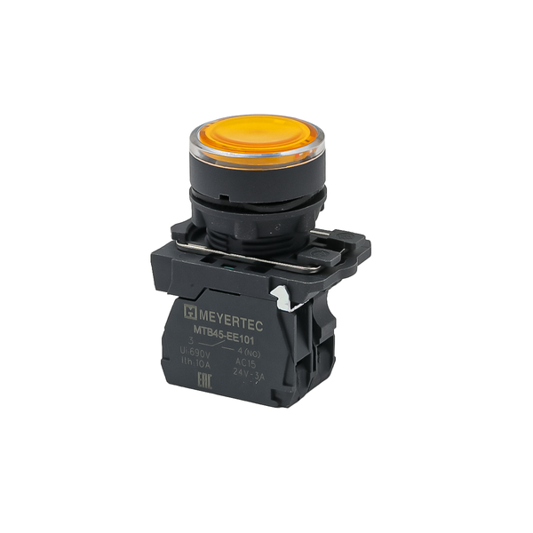 Кнопка желтая с подсветкой, 1NO, 220V AC/DC, IP65, пластик