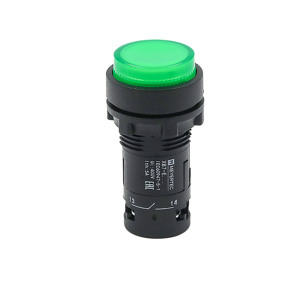 Кнопка зеленая выступающая с подсветкой, 1NO,  24V AC/DC, IP54, пластик